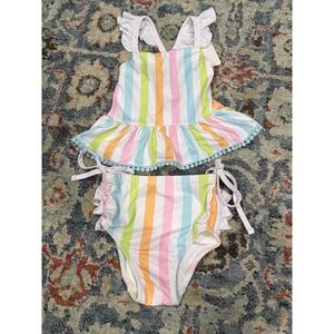 Swoon Baby Swimsuit Girls 3T 4 Multicolor Striped Ruffle Pom Pom Tankini Set NEW